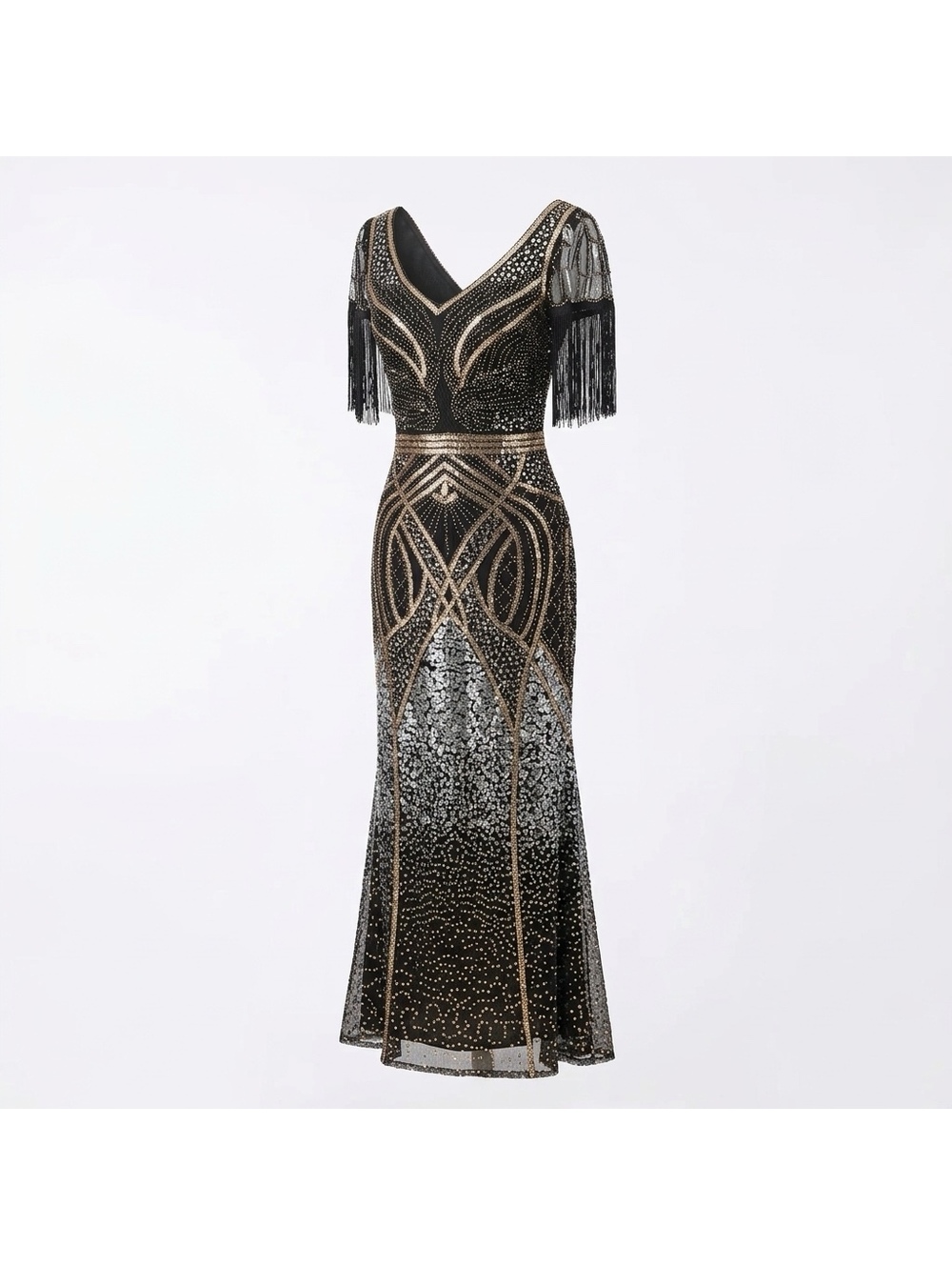BABEYOND Black and Gold Sequin Fringe Evening Dress XS
